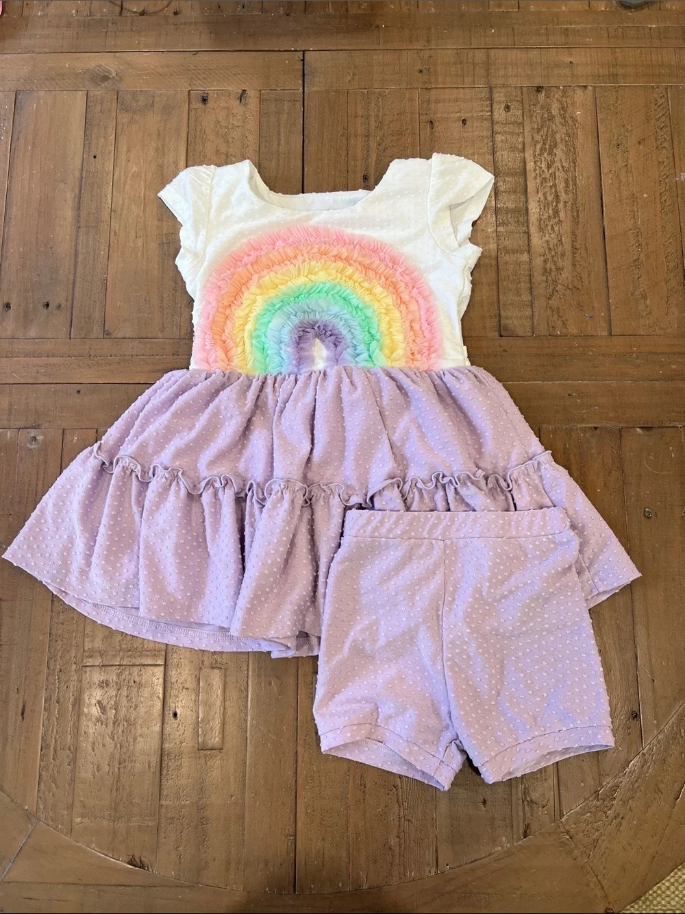 Girl august lavender Swiss dot tulle rainbow dress and shorts set girls 6
